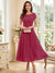 A-Line/Princess Scoop Short Sleeves Tea-Length Mother of the Bride Dresses with Applique & Ruched