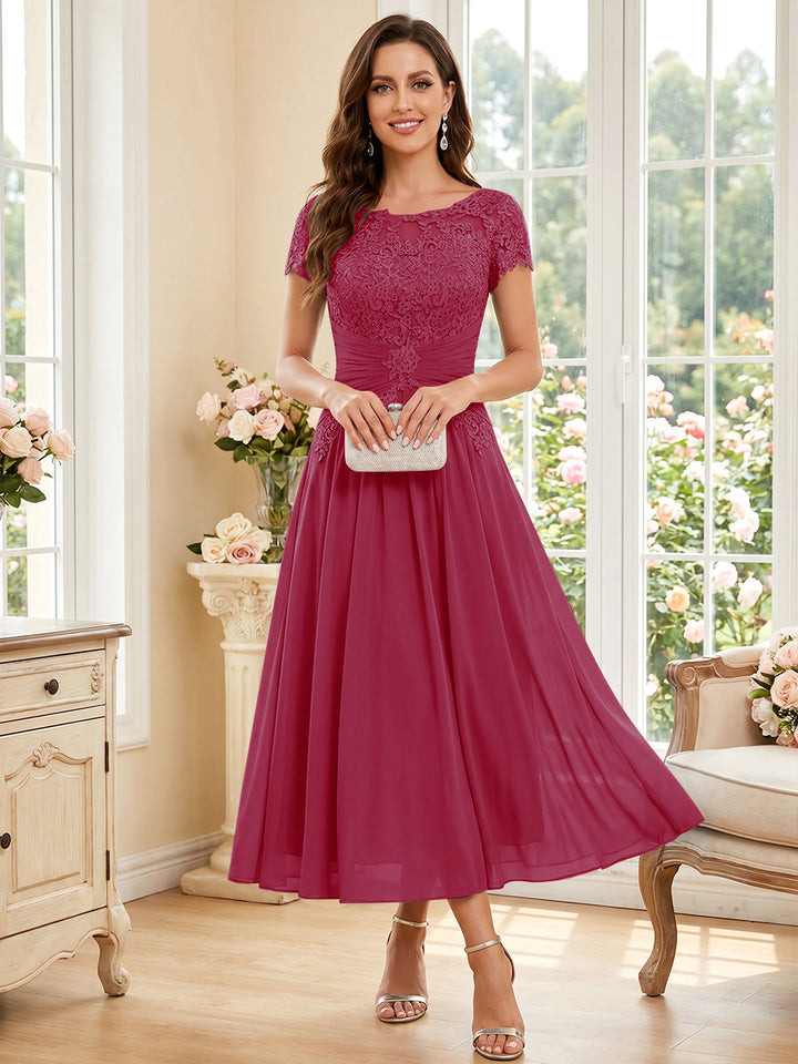 A-Line/Princess Scoop Short Sleeves Tea-Length Mother of the Bride Dresses with Applique &amp; Ruched