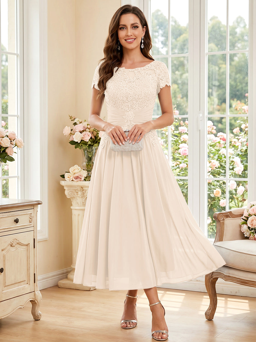 A-Line/Princess Scoop Short Sleeves Tea-Length Mother of the Bride Dresses with Applique &amp; Ruched
