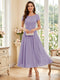 A-Line/Princess Scoop Short Sleeves Tea-Length Mother of the Bride Dresses with Applique & Ruched