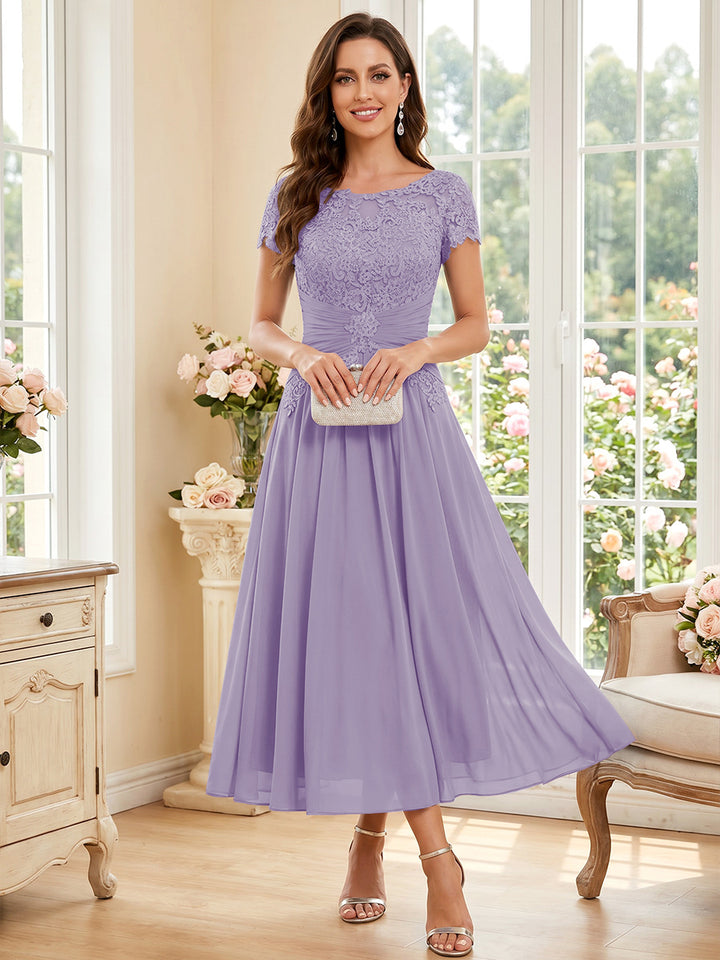 A-Line/Princess Scoop Short Sleeves Tea-Length Mother of the Bride Dresses with Applique &amp; Ruched