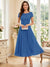 A-Line/Princess Scoop Short Sleeves Tea-Length Mother of the Bride Dresses with Applique & Ruched