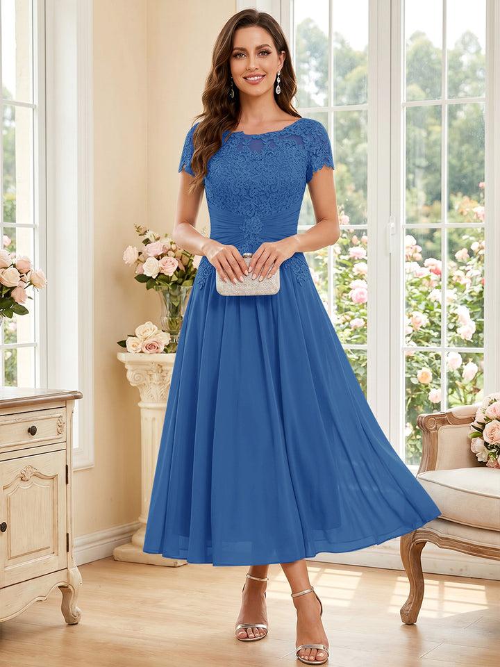 A-Line/Princess Scoop Short Sleeves Tea-Length Mother of the Bride Dresses with Applique &amp; Ruched