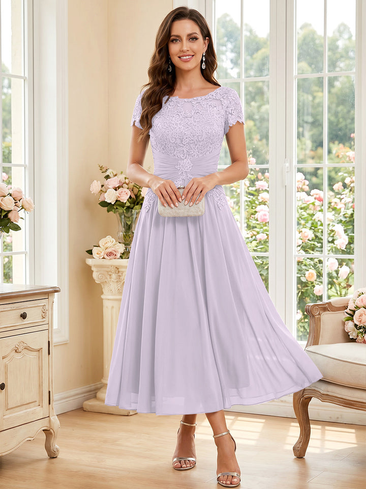 A-Line/Princess Scoop Short Sleeves Tea-Length Mother of the Bride Dresses with Applique &amp; Ruched