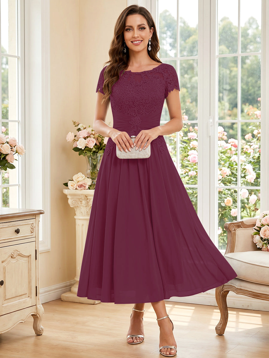A-Line/Princess Scoop Short Sleeves Tea-Length Mother of the Bride Dresses with Applique &amp; Ruched