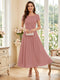 A-Line/Princess Scoop Short Sleeves Tea-Length Mother of the Bride Dresses with Applique & Ruched