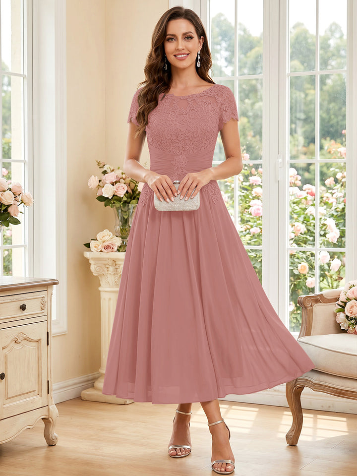 A-Line/Princess Scoop Short Sleeves Tea-Length Mother of the Bride Dresses with Applique &amp; Ruched
