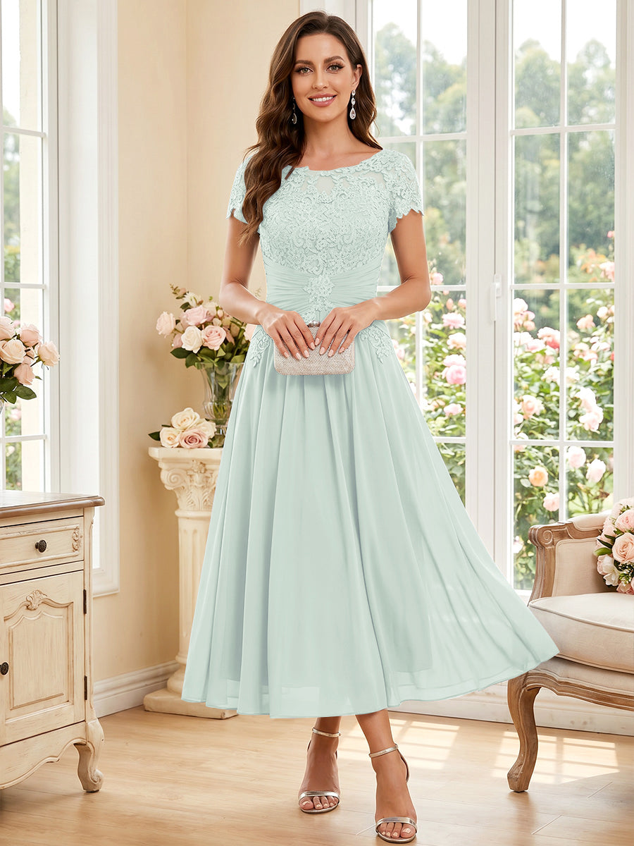 A-Line/Princess Scoop Short Sleeves Tea-Length Mother of the Bride Dresses with Applique &amp; Ruched