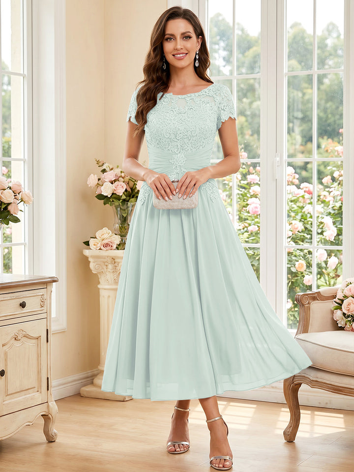 A-Line/Princess Scoop Short Sleeves Tea-Length Mother of the Bride Dresses with Applique &amp; Ruched