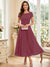 A-Line/Princess Scoop Short Sleeves Tea-Length Mother of the Bride Dresses with Applique & Ruched