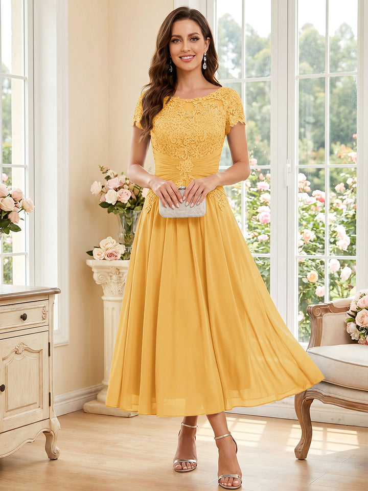A-Line/Princess Scoop Short Sleeves Tea-Length Mother of the Bride Dresses with Applique &amp; Ruched
