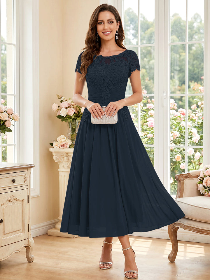 A-Line/Princess Scoop Short Sleeves Tea-Length Mother of the Bride Dresses with Applique &amp; Ruched