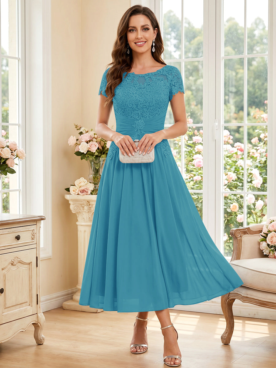 A-Line/Princess Scoop Short Sleeves Tea-Length Mother of the Bride Dresses with Applique &amp; Ruched