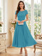 A-Line/Princess Scoop Short Sleeves Tea-Length Mother of the Bride Dresses with Applique & Ruched