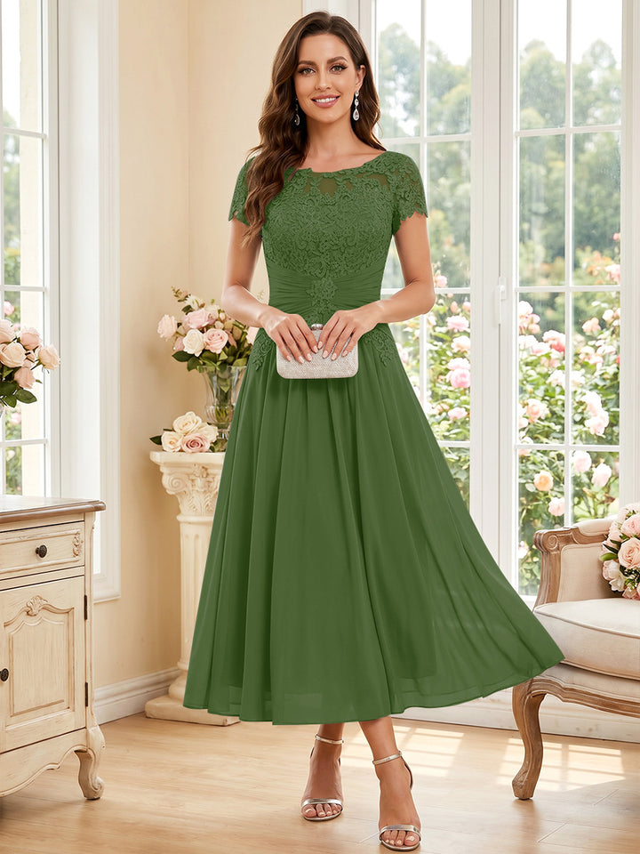 A-Line/Princess Scoop Short Sleeves Tea-Length Mother of the Bride Dresses with Applique &amp; Ruched