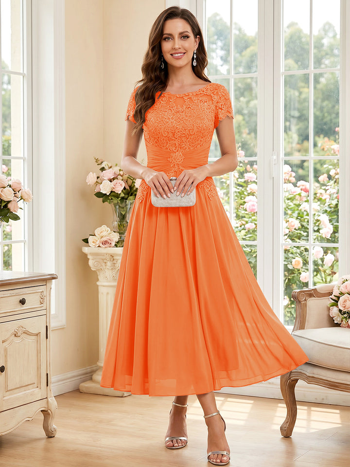 A-Line/Princess Scoop Short Sleeves Tea-Length Mother of the Bride Dresses with Applique &amp; Ruched