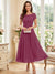 A-Line/Princess Scoop Short Sleeves Tea-Length Mother of the Bride Dresses with Applique & Ruched