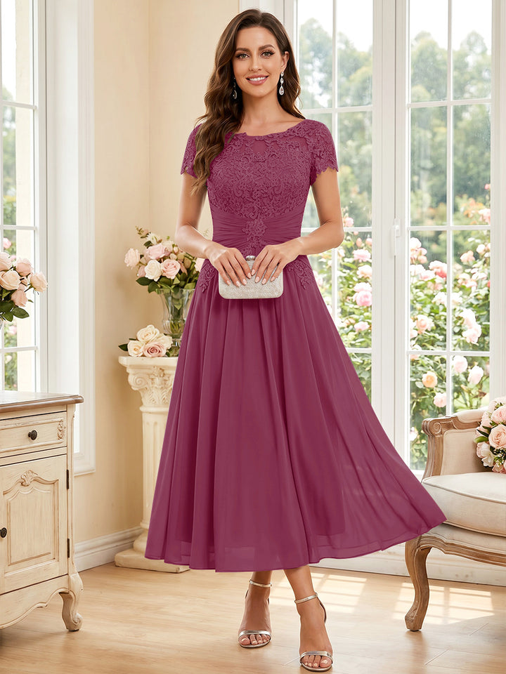 A-Line/Princess Scoop Short Sleeves Tea-Length Mother of the Bride Dresses with Applique &amp; Ruched
