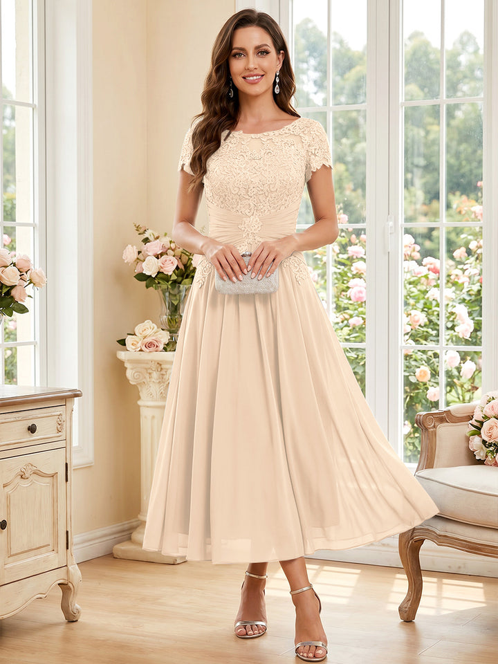 A-Line/Princess Scoop Short Sleeves Tea-Length Mother of the Bride Dresses with Applique &amp; Ruched