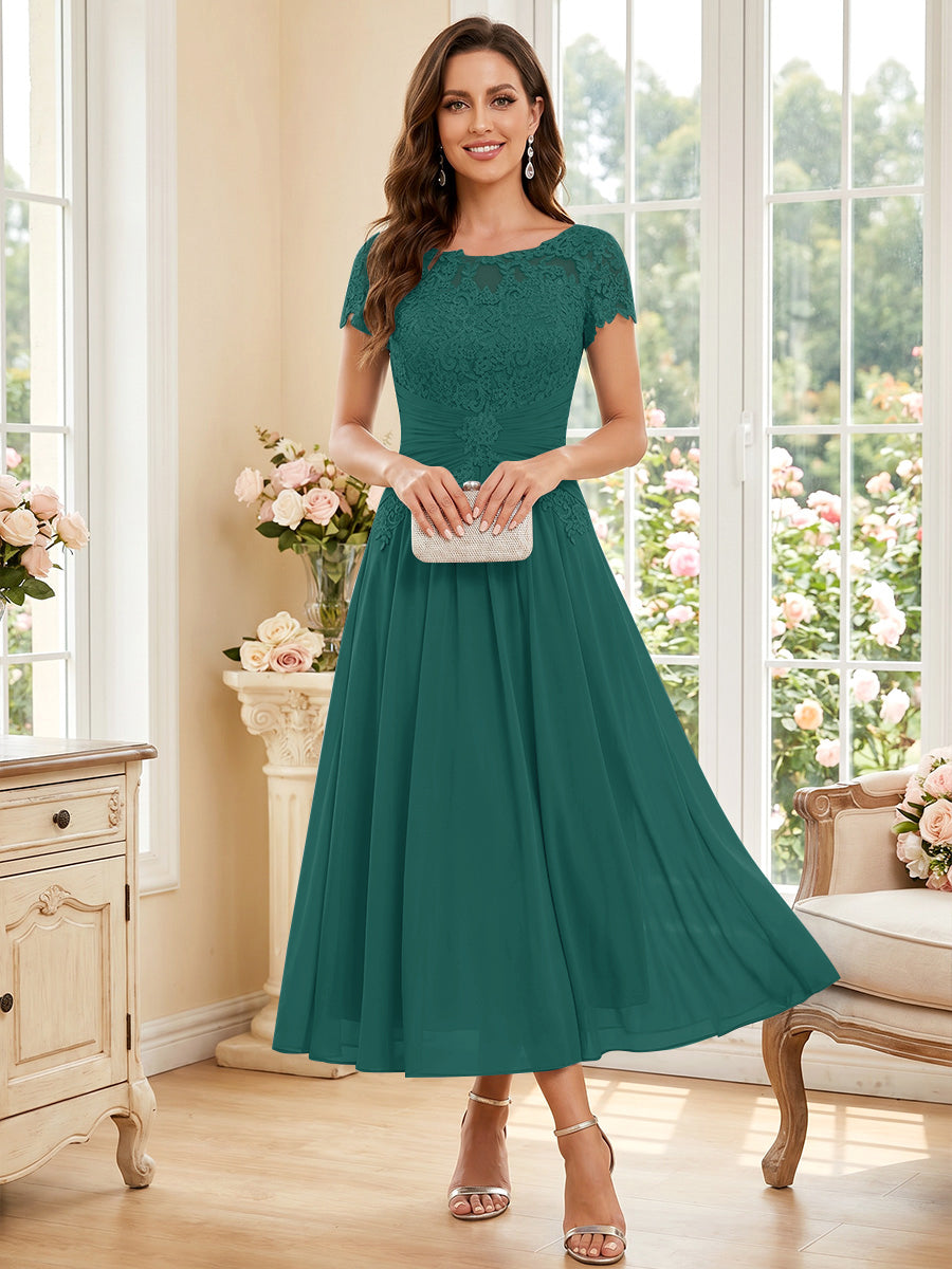 A-Line/Princess Scoop Short Sleeves Tea-Length Mother of the Bride Dresses with Applique &amp; Ruched