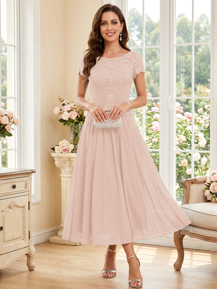 A-Line/Princess Scoop Short Sleeves Tea-Length Mother of the Bride Dresses with Applique &amp; Ruched