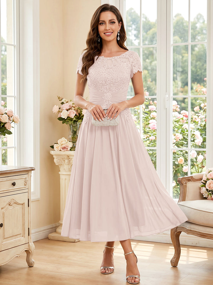 A-Line/Princess Scoop Short Sleeves Tea-Length Mother of the Bride Dresses with Applique &amp; Ruched