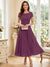 A-Line/Princess Scoop Short Sleeves Tea-Length Mother of the Bride Dresses with Applique & Ruched