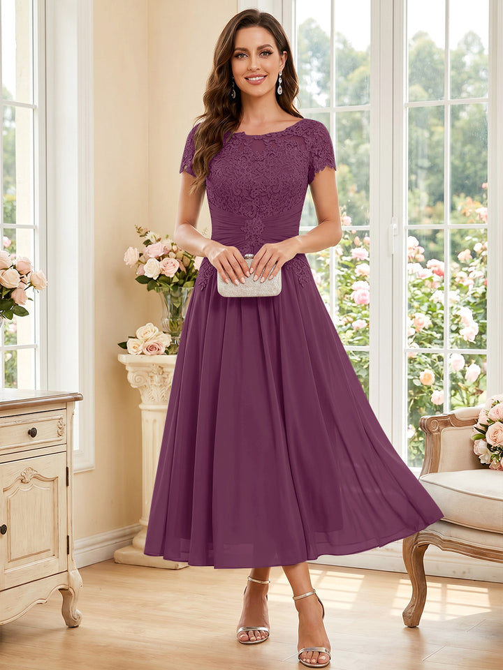 A-Line/Princess Scoop Short Sleeves Tea-Length Mother of the Bride Dresses with Applique &amp; Ruched