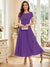 A-Line/Princess Scoop Short Sleeves Tea-Length Mother of the Bride Dresses with Applique & Ruched