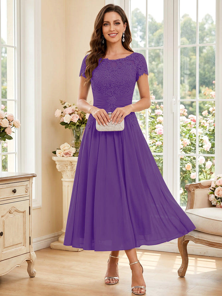 A-Line/Princess Scoop Short Sleeves Tea-Length Mother of the Bride Dresses with Applique &amp; Ruched