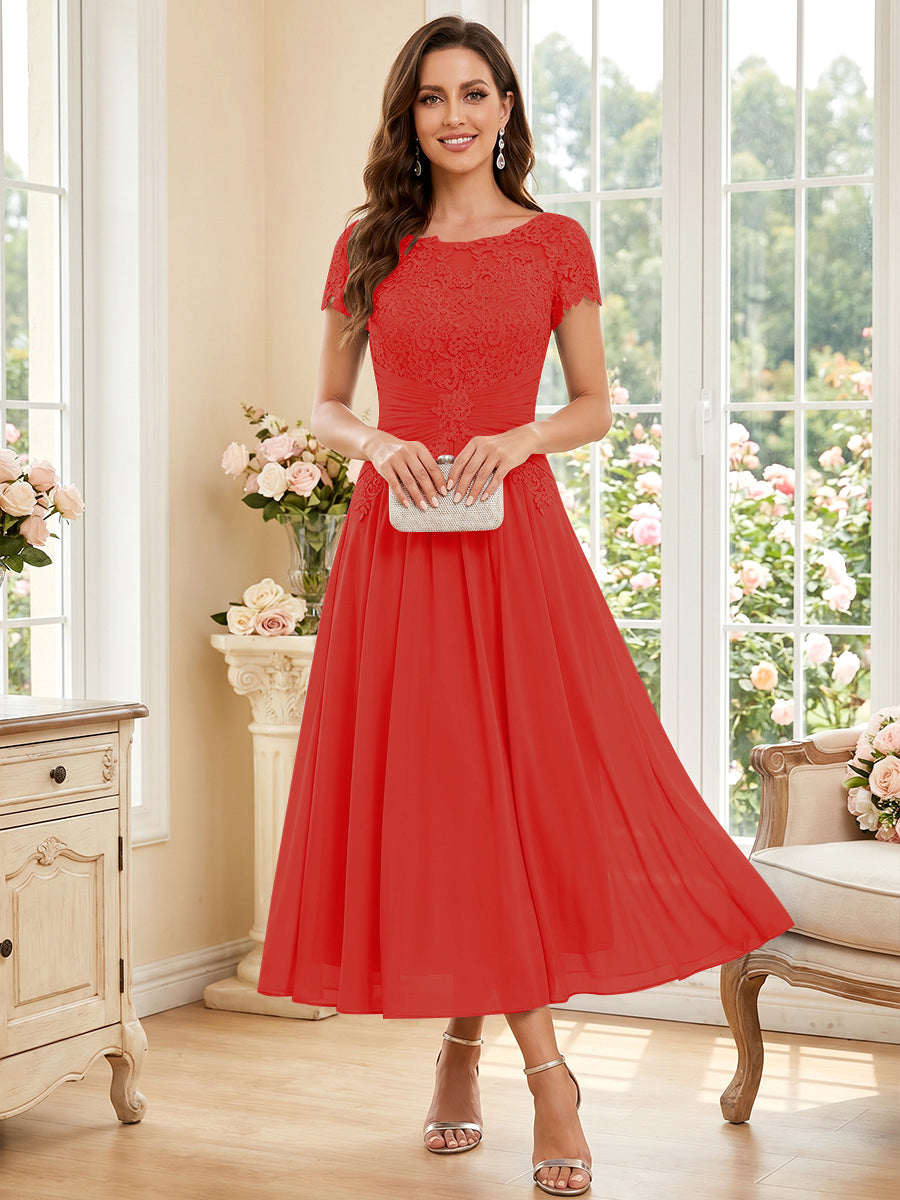 A-Line/Princess Scoop Short Sleeves Tea-Length Mother of the Bride Dresses with Applique &amp; Ruched