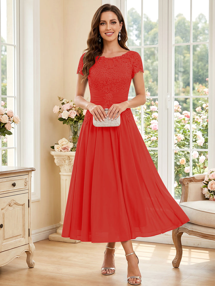 A-Line/Princess Scoop Short Sleeves Tea-Length Mother of the Bride Dresses with Applique &amp; Ruched