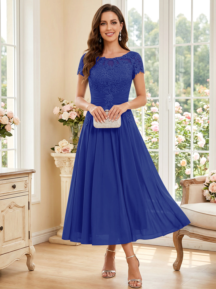 A-Line/Princess Scoop Short Sleeves Tea-Length Mother of the Bride Dresses with Applique &amp; Ruched