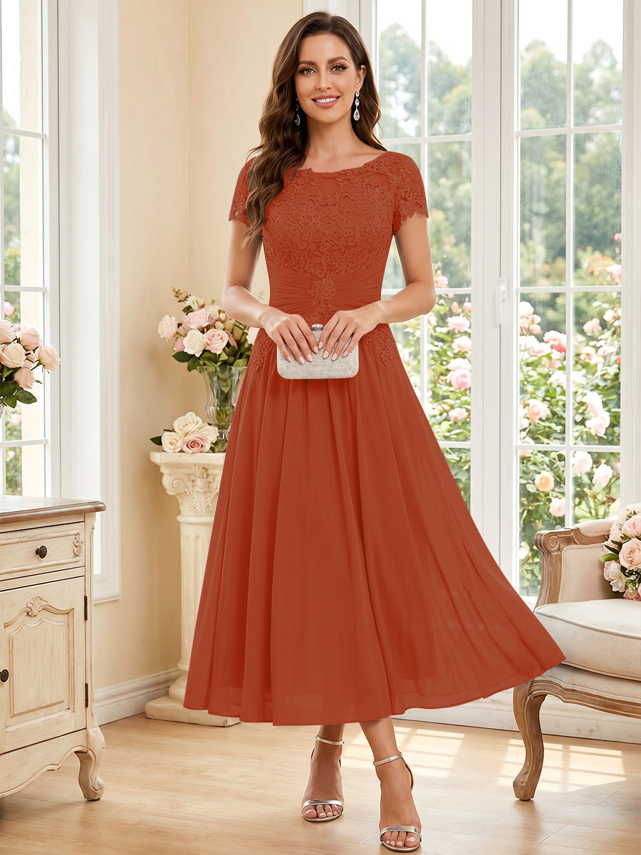 A-Line/Princess Scoop Short Sleeves Tea-Length Mother of the Bride Dresses with Applique &amp; Ruched