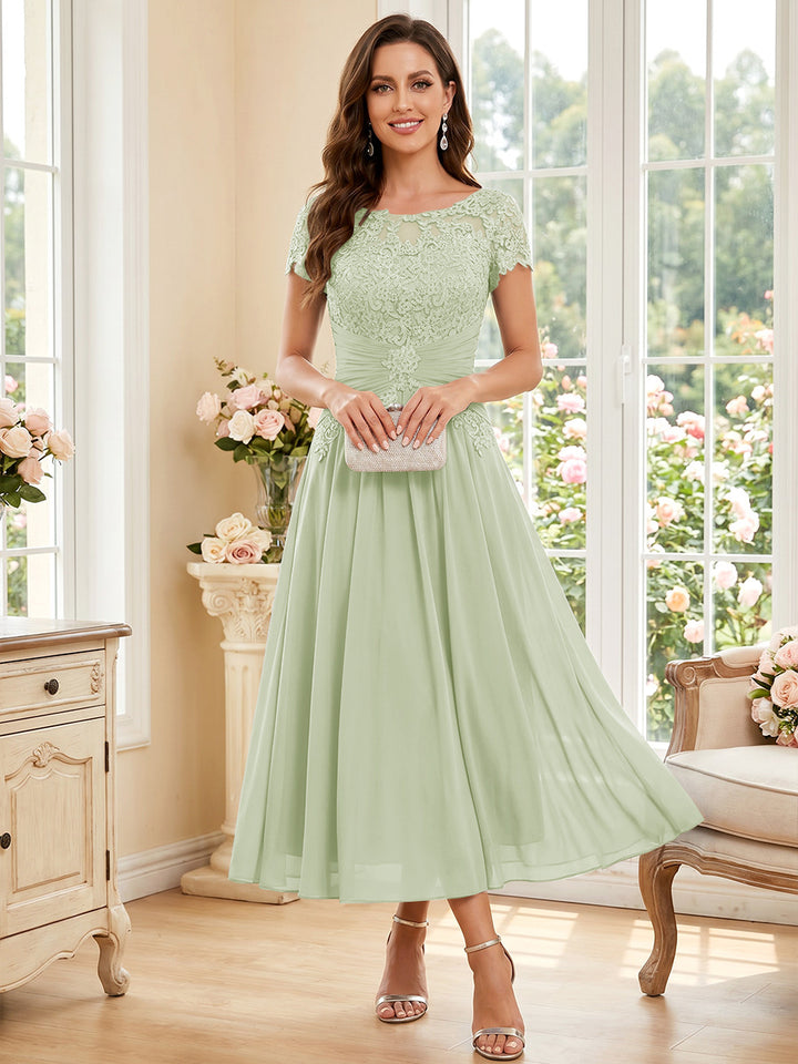 A-Line/Princess Scoop Short Sleeves Tea-Length Mother of the Bride Dresses with Applique &amp; Ruched