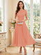 A-Line/Princess Scoop Short Sleeves Tea-Length Mother of the Bride Dresses with Applique & Ruched