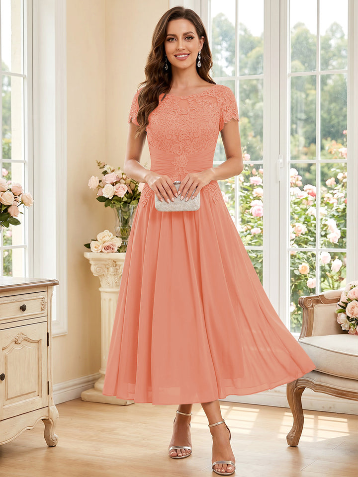 A-Line/Princess Scoop Short Sleeves Tea-Length Mother of the Bride Dresses with Applique &amp; Ruched