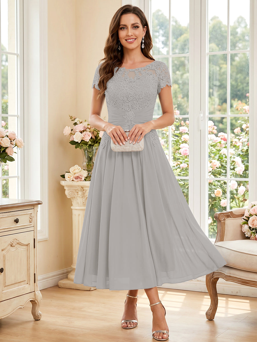 A-Line/Princess Scoop Short Sleeves Tea-Length Mother of the Bride Dresses with Applique &amp; Ruched