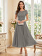 A-Line/Princess Scoop Short Sleeves Tea-Length Mother of the Bride Dresses with Applique & Ruched