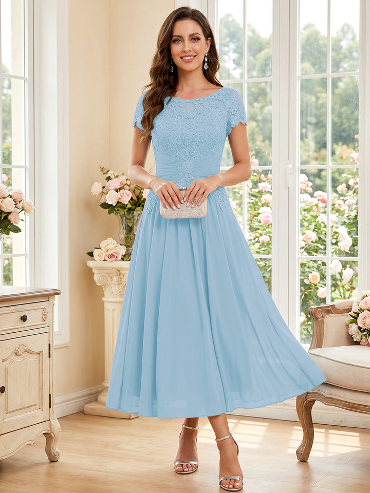 A-Line/Princess Scoop Short Sleeves Tea-Length Mother of the Bride Dresses with Applique &amp; Ruched