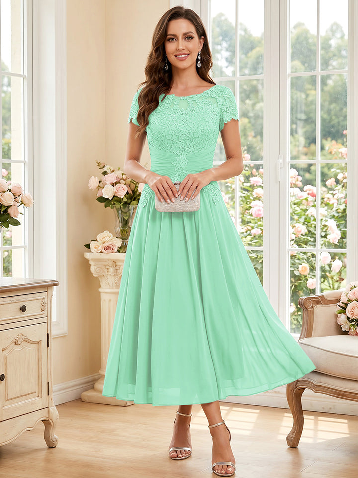 A-Line/Princess Scoop Short Sleeves Tea-Length Mother of the Bride Dresses with Applique &amp; Ruched