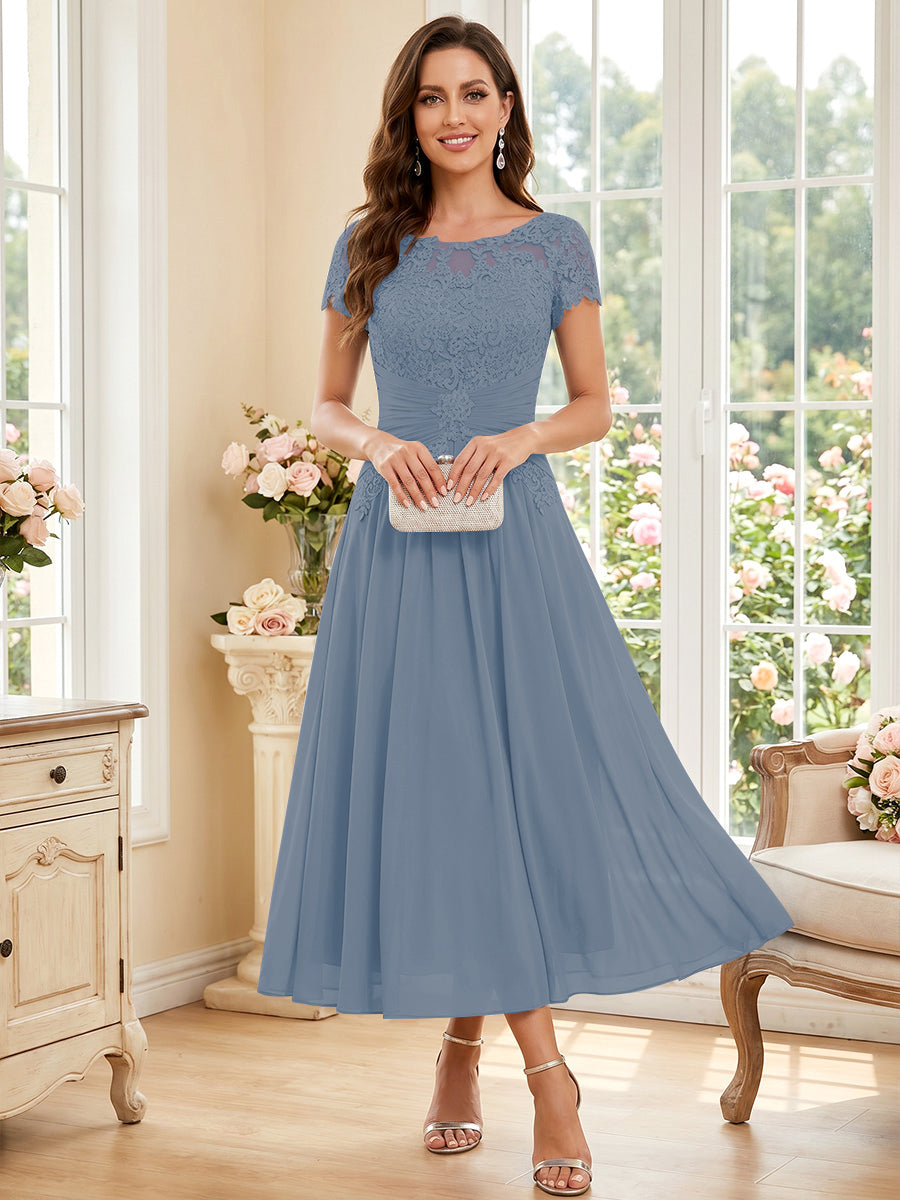 A-Line/Princess Scoop Short Sleeves Tea-Length Mother of the Bride Dresses with Applique &amp; Ruched