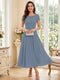 A-Line/Princess Scoop Short Sleeves Tea-Length Mother of the Bride Dresses with Applique & Ruched