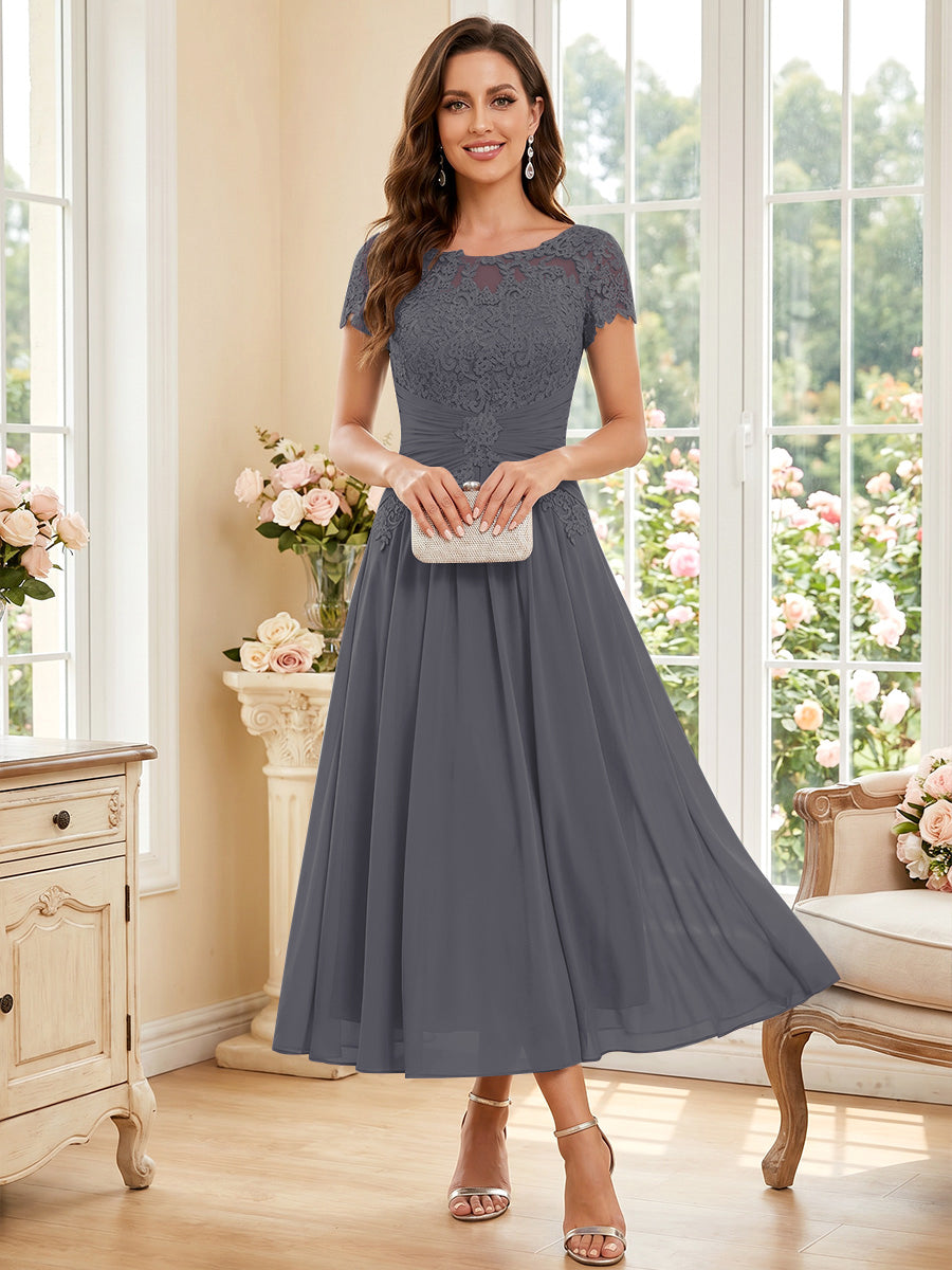 A-Line/Princess Scoop Short Sleeves Tea-Length Mother of the Bride Dresses with Applique &amp; Ruched