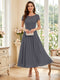 A-Line/Princess Scoop Short Sleeves Tea-Length Mother of the Bride Dresses with Applique & Ruched