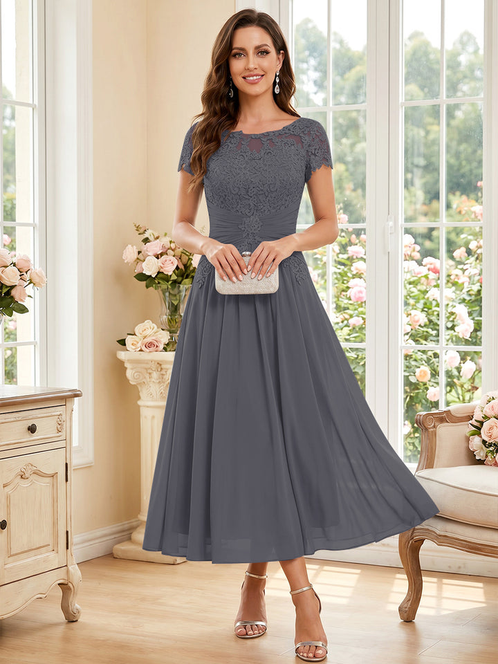 A-Line/Princess Scoop Short Sleeves Tea-Length Mother of the Bride Dresses with Applique &amp; Ruched