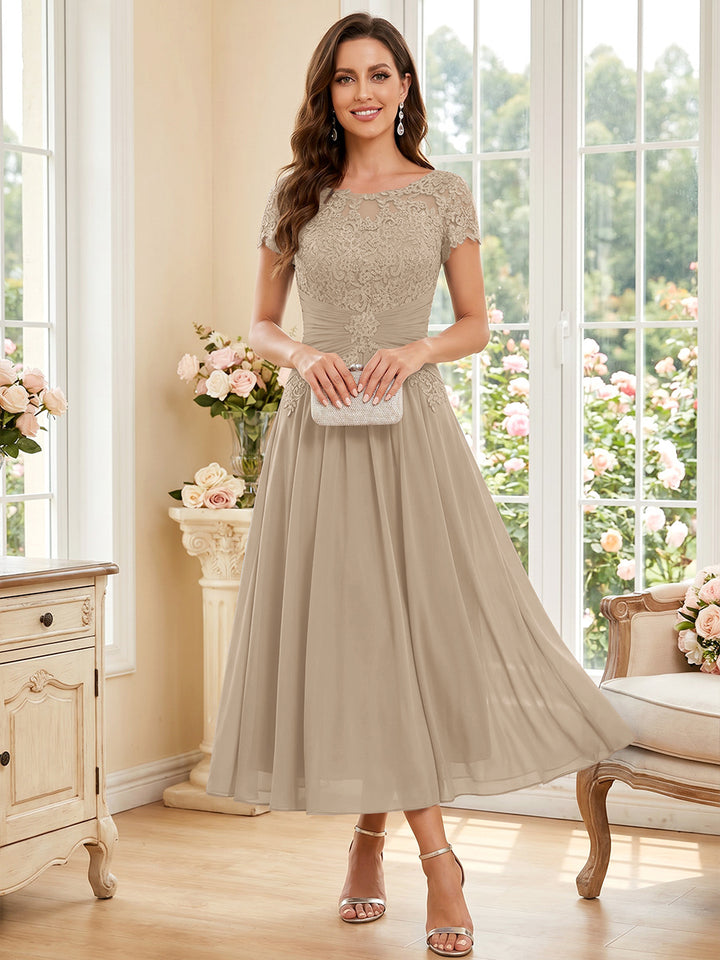 A-Line/Princess Scoop Short Sleeves Tea-Length Mother of the Bride Dresses with Applique &amp; Ruched