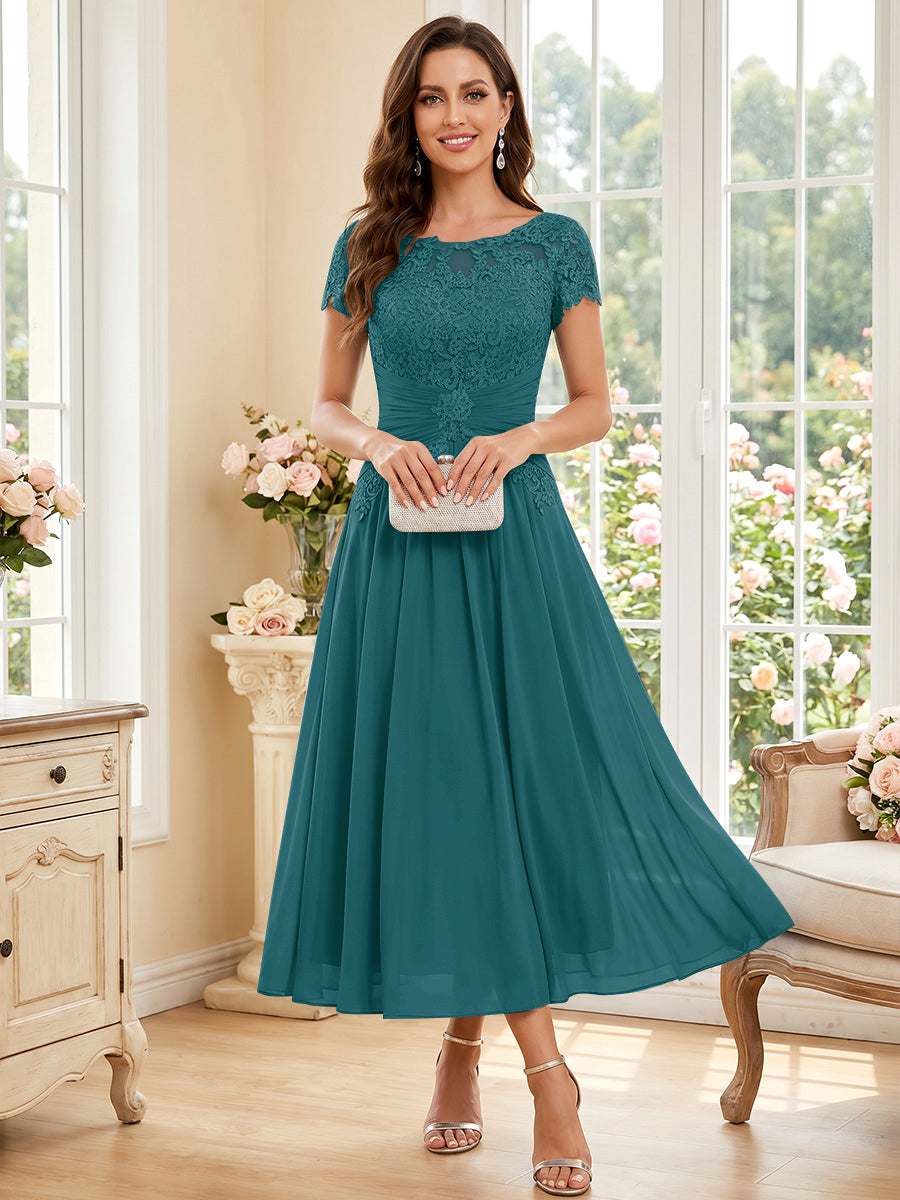 A-Line/Princess Scoop Short Sleeves Tea-Length Mother of the Bride Dresses with Applique &amp; Ruched