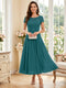 A-Line/Princess Scoop Short Sleeves Tea-Length Mother of the Bride Dresses with Applique & Ruched