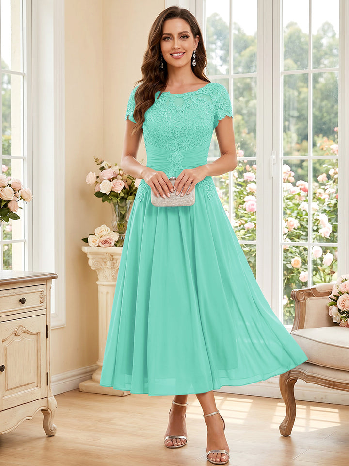 A-Line/Princess Scoop Short Sleeves Tea-Length Mother of the Bride Dresses with Applique &amp; Ruched